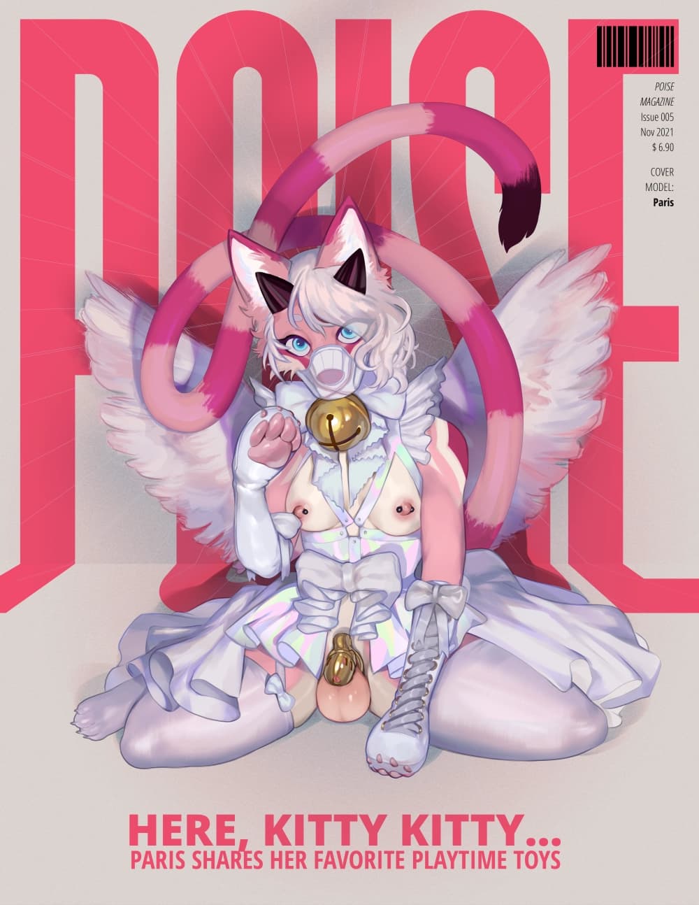 A drawing of my fursona Paris posing on a magazine cover, wearing lacey petplay bondage gear.